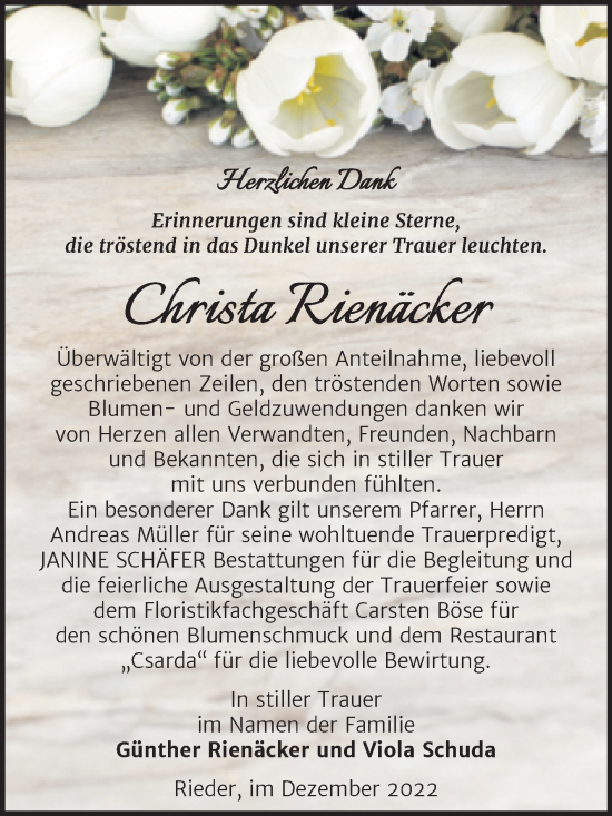 Traueranzeige von Christa Rienäcker von Trauerkombi Quedlinburg