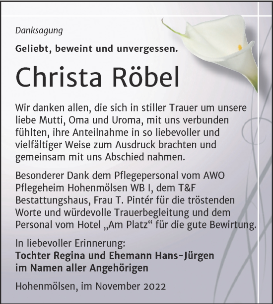 Traueranzeige von Christa Röbel von Trauerkombi Weißenfels