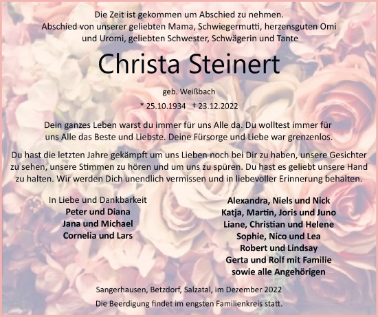 Traueranzeige von Christa Steinert von Trauerkombi Sangerhausen