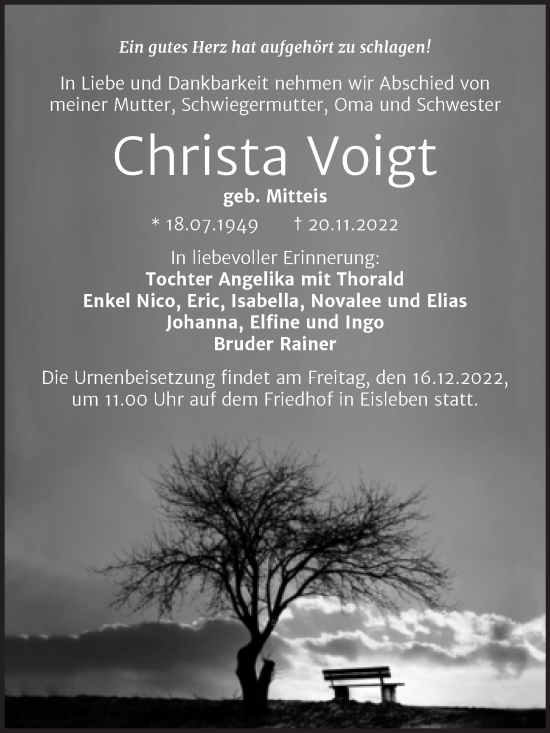 Traueranzeige von Christa Voigt von Trauerkombi Mansfelder Land