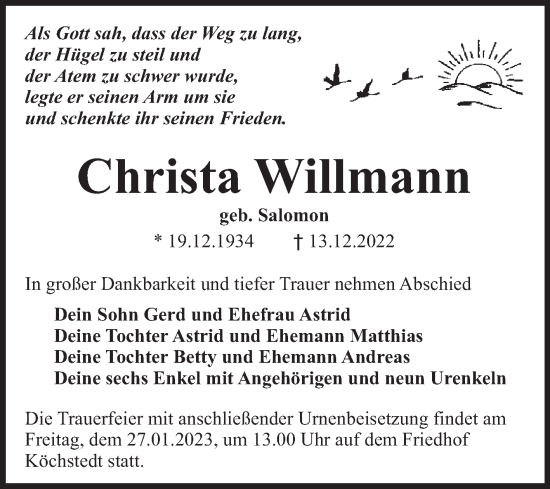 Traueranzeige von Christa Willmann von Mitteldeutsche Zeitung Halle/Saalkreis