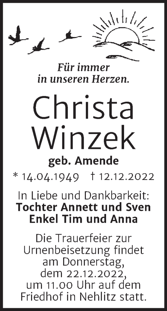 Traueranzeige von Christa Winzek von Mitteldeutsche Zeitung Halle/Saalkreis