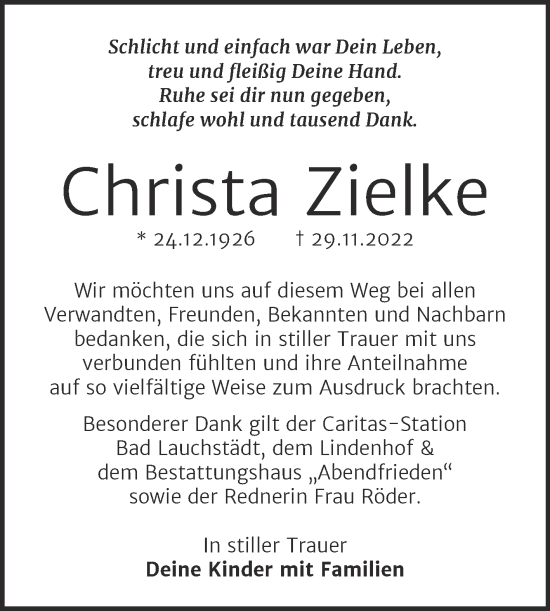 Traueranzeige von Christa Zielke von Trauerkombi Merseburg
