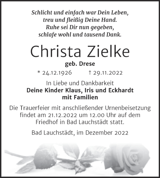 Traueranzeige von Christa Zielke von Trauerkombi Merseburg