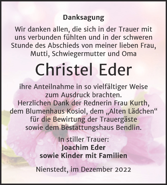 Traueranzeige von Christel Eder von Trauerkombi Sangerhausen