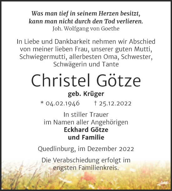 Traueranzeige von Christel Götze von Trauerkombi Quedlinburg
