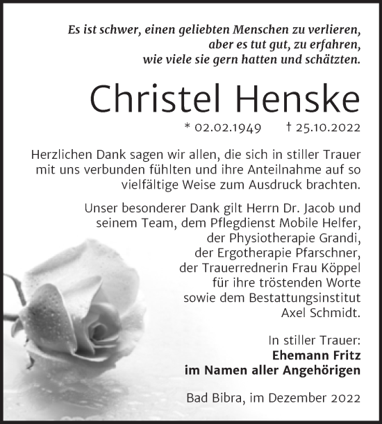 Traueranzeige von Christel Henske von Wochenspiegel Naumburg/Nebra