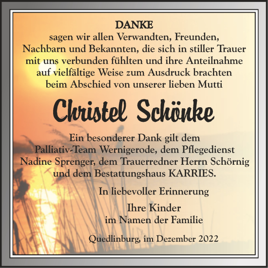 Traueranzeige von Christel Schönke von Trauerkombi Quedlinburg