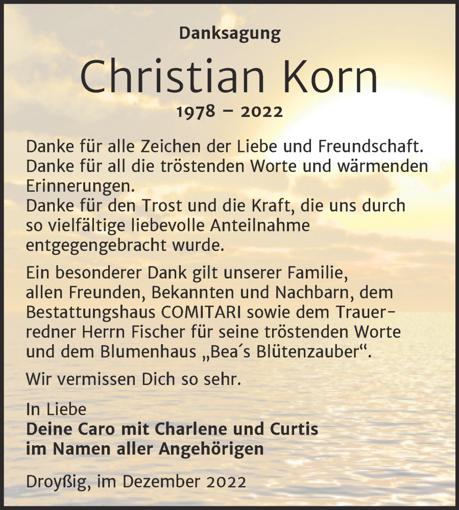  Traueranzeige für Christian Korn vom 10.12.2022 aus Trauerkombi Zeitz