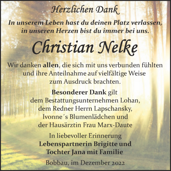 Traueranzeige von Christian Nelke von Trauerkombi Bitterfeld