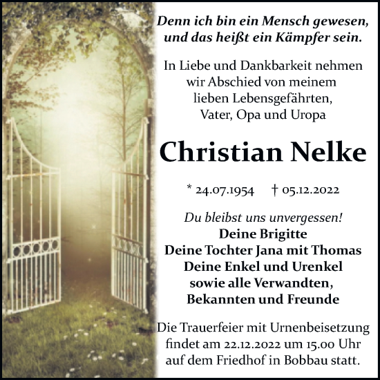 Traueranzeige von Christian Nelke von Trauerkombi Bitterfeld