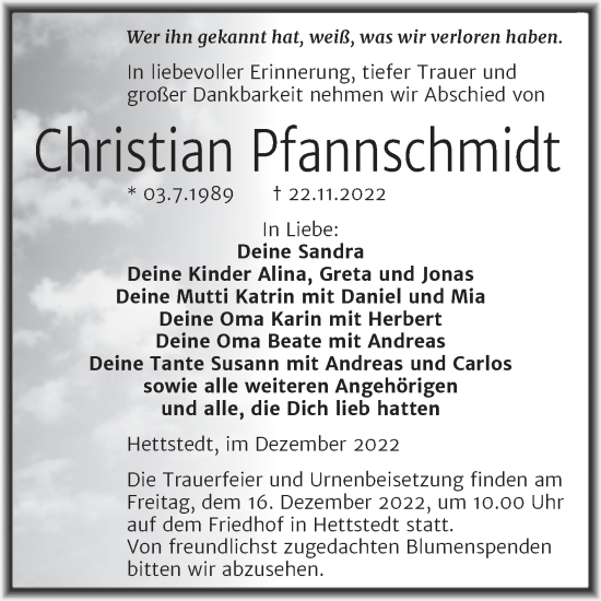 Traueranzeige von Christian Pfannschmidt von Trauerkombi Mansfelder Land