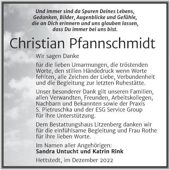 Traueranzeige von Christian Pfannschmidt von Trauerkombi Mansfelder Land