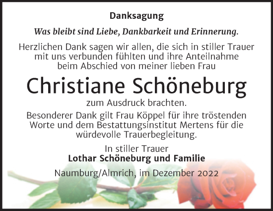 Traueranzeige von Christiane Schöneburg von Wochenspiegel Naumburg/Nebra