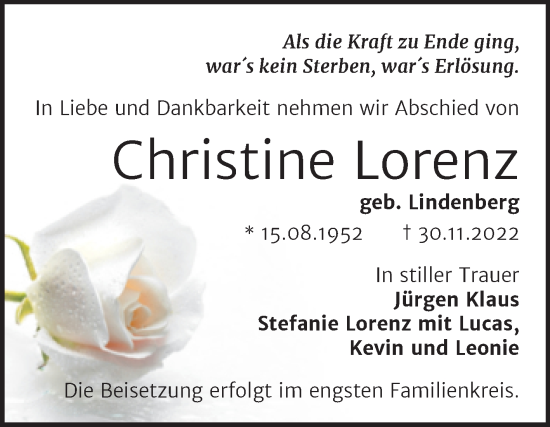Traueranzeige von Christine Lorenz von Trauerkombi Bernburg
