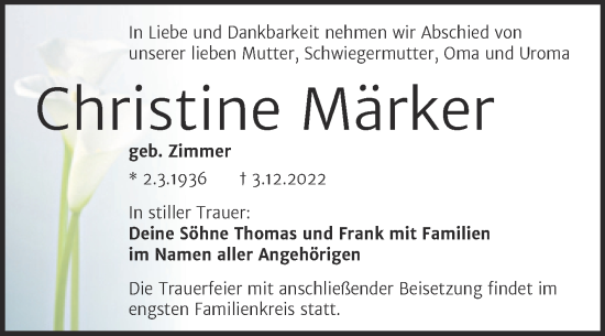 Traueranzeige von Christine Märker von Mitteldeutsche Zeitung Halle/Saalkreis