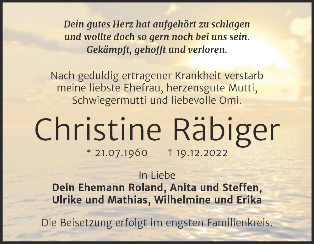  Traueranzeige für Christine Räbiger vom 24.12.2022 aus Mitteldeutsche Zeitung