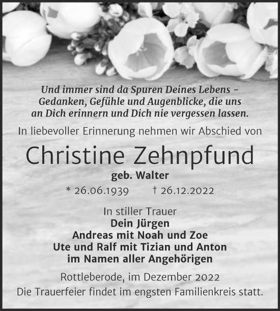 Traueranzeige von Christine Zehnpfund von Trauerkombi Sangerhausen