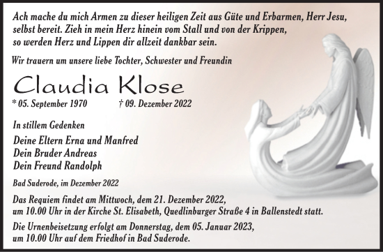Traueranzeige von Claudia Klose von Trauerkombi Quedlinburg