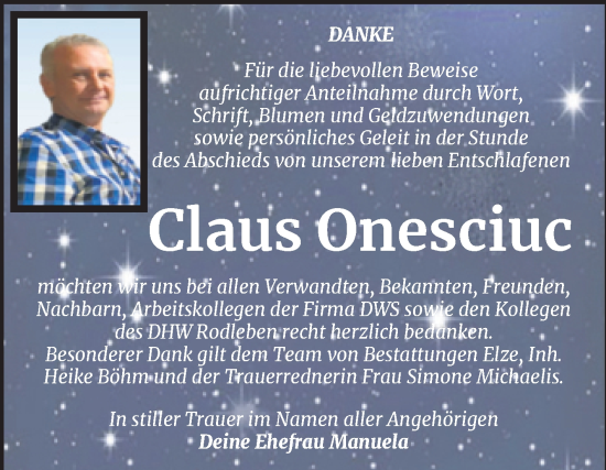 Traueranzeige von Claus Onesciuc von Trauerkombi Dessau