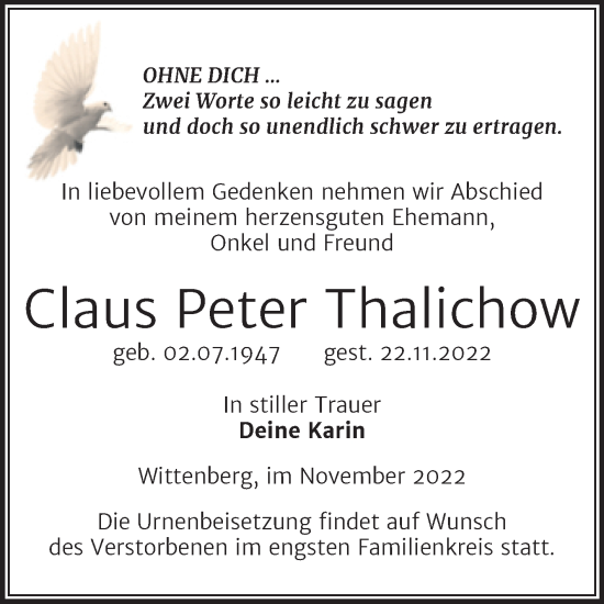 Traueranzeige von Claus Peter Thalichow von Trauerkombi Wittenberg