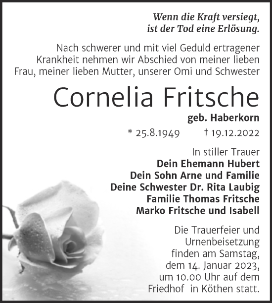 Traueranzeige von Cornelia Fritsche von Trauerkombi Köthen