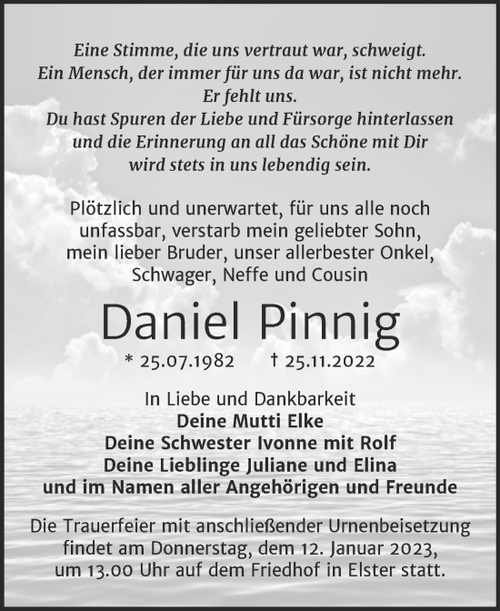 Traueranzeige von Daniel Pinnig von Trauerkombi Wittenberg