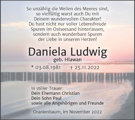 Traueranzeige von Daniela Ludwig von Trauerkombi Wittenberg
