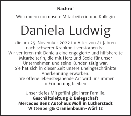 Traueranzeige von Daniela Ludwig von Wochenspiegel Wittenberg