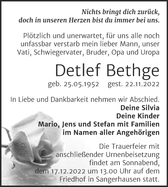 Traueranzeige von Detlef Bethge von Trauerkombi Sangerhausen