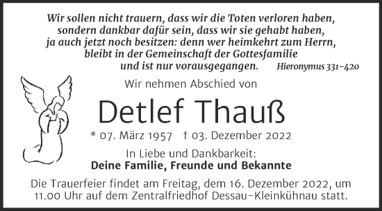 Traueranzeige von Detlef Thauß von Trauerkombi Dessau