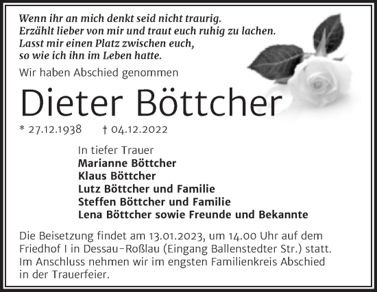 Traueranzeige von Dieter Böttcher von Trauerkombi Dessau