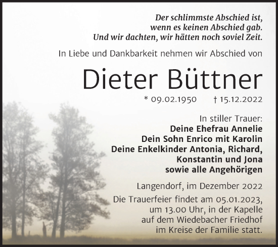 Traueranzeige von Dieter Büttner von Trauerkombi Weißenfels