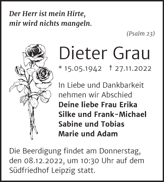 Traueranzeige von Dieter Grau von Mitteldeutsche Zeitung Mansfelder Land