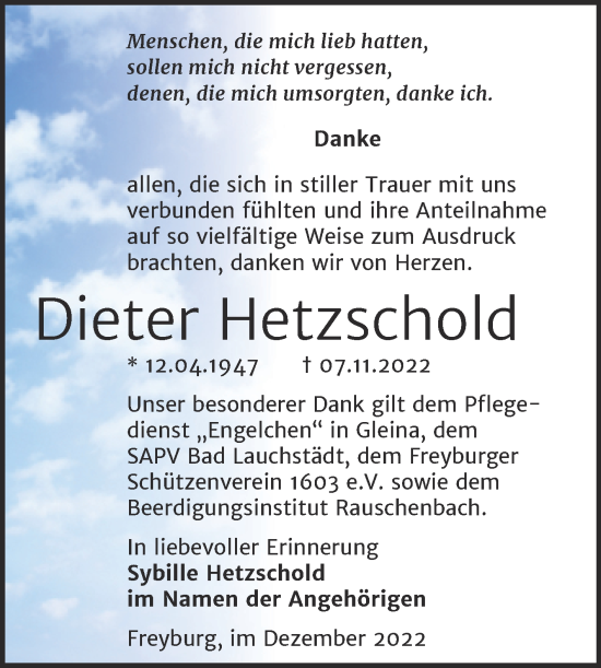 Traueranzeige von Dieter Hetzschold von Wochenspiegel Naumburg/Nebra