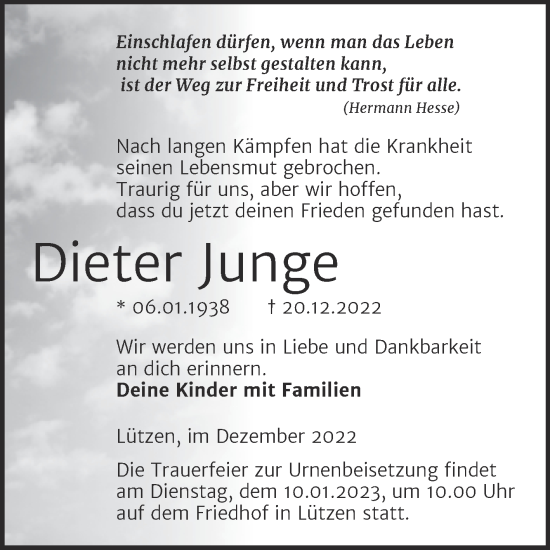 Traueranzeige von Dieter Junge von Trauerkombi Weißenfels