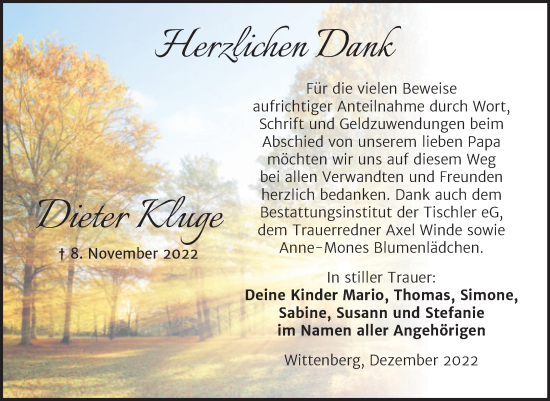 Traueranzeige von Dieter Kluge von Trauerkombi Wittenberg
