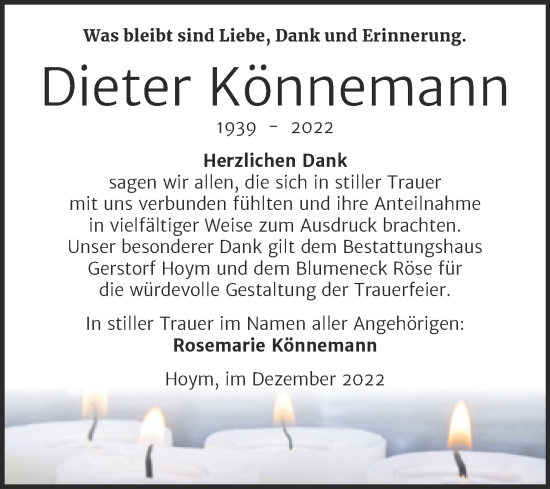 Traueranzeige von Dieter Könnemann von Trauerkombi Aschersleben