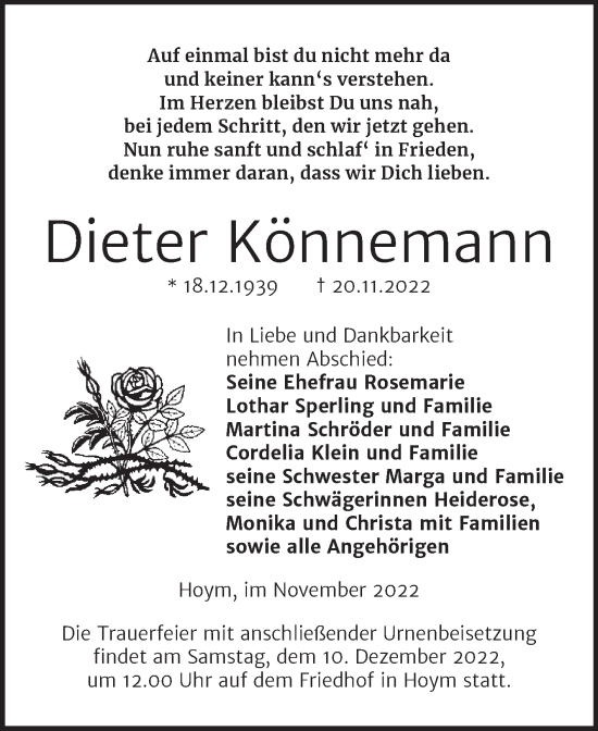 Traueranzeige von Dieter Könnemann von Trauerkombi Aschersleben