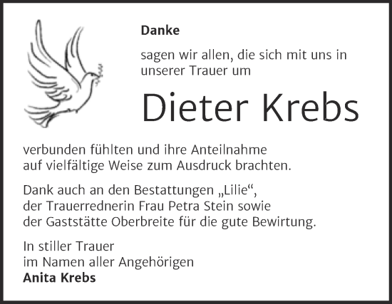 Traueranzeige von Dieter Krebs von Trauerkombi Dessau