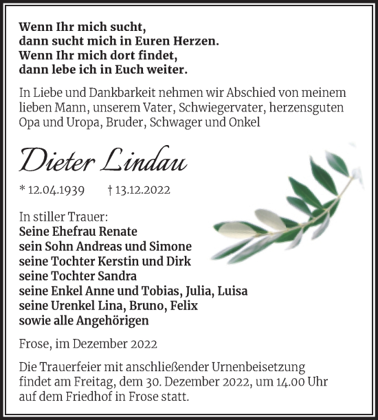 Traueranzeige von Dieter Lindau von Trauerkombi Aschersleben