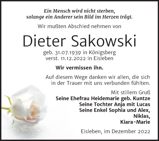 Traueranzeige von Dieter Sakowski von Trauerkombi Mansfelder Land
