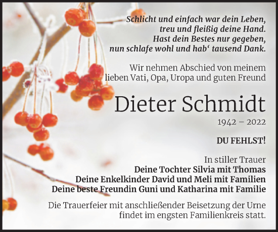 Traueranzeige von Dieter Schmidt von Trauerkombi Merseburg