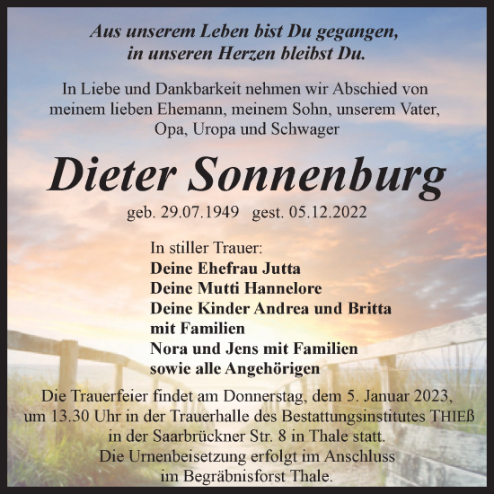 Traueranzeige von Dieter Sonnenburg von Trauerkombi Quedlinburg