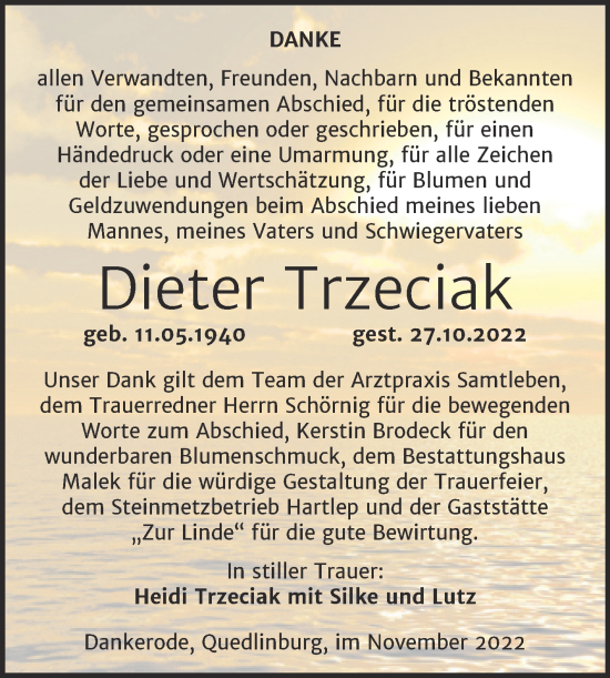 Traueranzeige von Dieter Trzeciak von Trauerkombi Quedlinburg