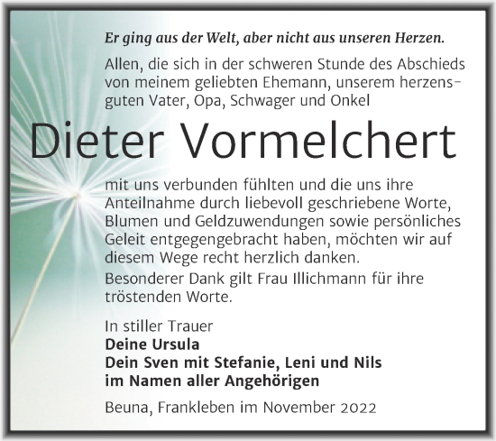 Traueranzeige von Dieter Vormelchert von Trauerkombi Merseburg