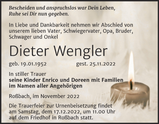Traueranzeige von Dieter Wengler von Trauerkombi Merseburg