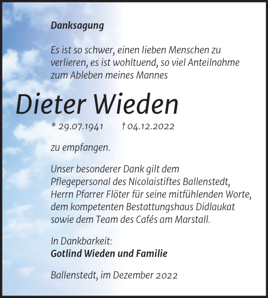 Traueranzeige von Dieter Wieden von Trauerkombi Quedlinburg