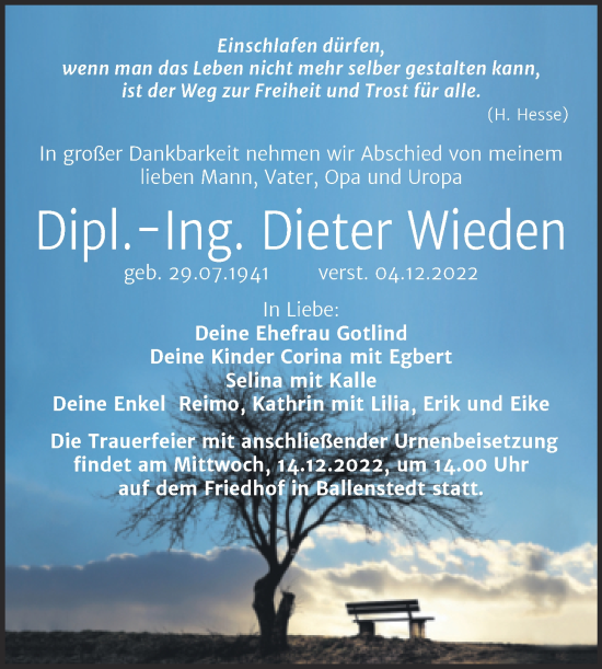 Traueranzeige von Dieter Wieden von Trauerkombi Quedlinburg