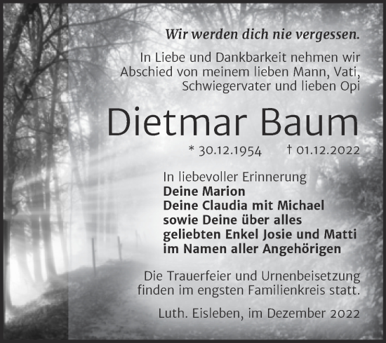 Traueranzeige von Dietmar Baum von Trauerkombi Mansfelder Land
